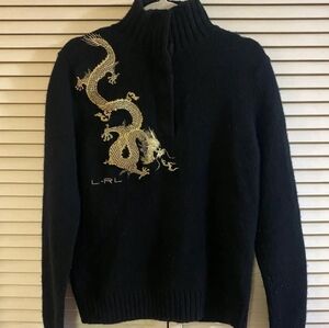 Vintage Lauren Ralph Lauren Womens Med Gold Dragon Sweater 100% LambsWool 1/4 Sn